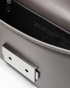 Mini borsa a tracolla Armani Exchange grigia in similpelle effetto metallizzato con catena metallica e fibbia logo