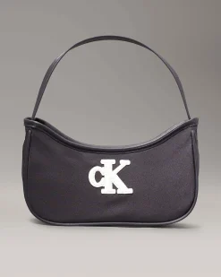 Mini borsa Calvin Klein nera a spalla in nylon con logo bianco