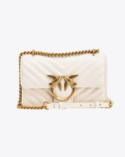Mini Classic Bag Chevron in pelle bianca con fibbia Love Birds argento e tracolla a catena regolabile