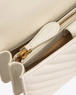 Mini Classic Bag Chevron in pelle bianca con fibbia Love Birds argento e tracolla a catena regolabile