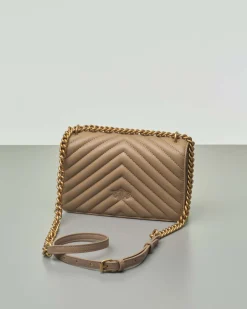 Mini Classic Bag Chevron in pelle color tortora con fibbia Love Birds dorata e tracolla a catena regolabile