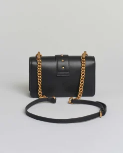 Mini Classic Love Bag One nera in pelle liscia con fibbia Love Birds dorata e tracolla a catena rimovibile