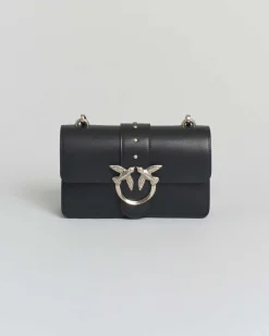 Mini Classic Love Bag One color nera in pelle liscia con fibbia Love Birds argento e tracolla a catena rimovibile