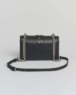 Mini Classic Love Bag One color nera in pelle liscia con fibbia Love Birds argento e tracolla a catena rimovibile