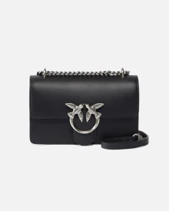 Mini Classic Love Bag one Simply in pelle liscia nera con fibbia argento Love Birds e tracolla a catena regolabile
