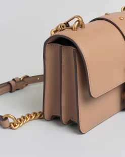 Mini Classic Love Bag One color cammello in pelle liscia con fibbia Love Birds dorata e tracolla a catena rimovibile