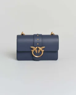 Mini Classic Love Bag One blu in pelle liscia con fibbia Love Birds dorata e tracolla a catena rimovibile
