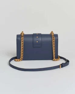 Mini Classic Love Bag One blu in pelle liscia con fibbia Love Birds dorata e tracolla a catena rimovibile