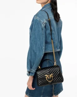 Mini Lady Bag in pelle nera con motivo a chevron e manico a mano e fibbia Love Birds dorati