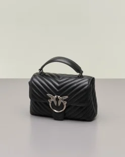 Mini Lady Bag in pelle nera con motivo a chevron e manico a mano e fibbia Love Birds argento
