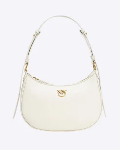 Mini Love Bag Half Moon in pelle liscia bianca con logo Love Birds dorato in metallo frontale