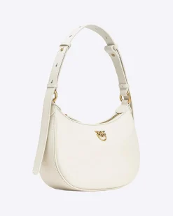 Mini Love Bag Half Moon in pelle liscia bianca con logo Love Birds dorato in metallo frontale