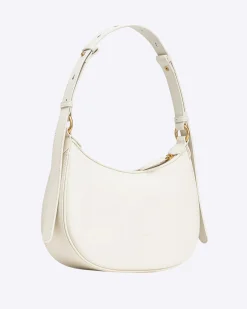 Mini Love Bag Half Moon in pelle liscia bianca con logo Love Birds dorato in metallo frontale