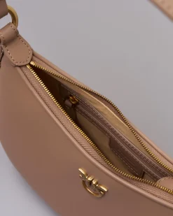 Mini Love Bag Half Moon in pelle liscia color cammello con logo Love Birds dorato in metallo frontale