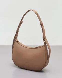 Mini Love Bag Half Moon in pelle liscia color cammello con logo Love Birds dorato in metallo frontale