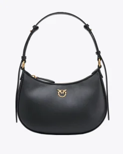 Mini Love Bag Half Moon in pelle liscia nera con logo Love Birds dorato in metallo frontale