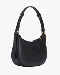 Mini Love Bag Half Moon in pelle liscia nera con logo Love Birds dorato in metallo frontale