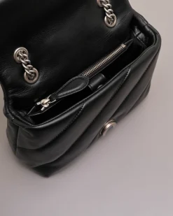 Mini Love Bag Puff nera in nappa con motivo matelassè obliquo e fibbi argento Love Birds