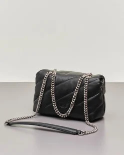 Mini Love Bag Puff nera in nappa con motivo matelassè obliquo e fibbi argento Love Birds