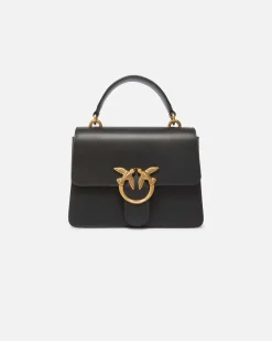 Mini Love Bag Top Handle Light nera Pinko in pelle liscia a forma a trapezio con fibbia Love Birds e tracolla a catena