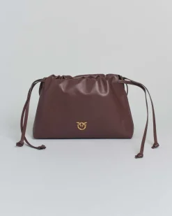 Mini sacchetto color mogano Pinko in pelle con chiusura arricciata con doppia tracolla a coulisse