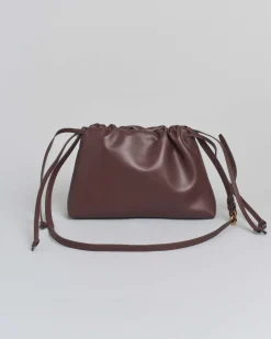 Mini sacchetto color mogano Pinko in pelle con chiusura arricciata con doppia tracolla a coulisse