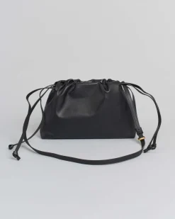 Mini sacchetto nero Pinko in pelle con chiusura arricciata con doppia tracolla a coulisse