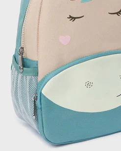 Mini zaino beige e turchese in canvas con stampa e applicazioni ad unicorno