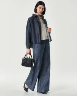 Overshirt blu in denim di cotone con doppia tasca sul petto