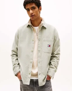 Overshirt Tommy Jeans verde salvia in puro cotone con taschino e flag porta logo al petto