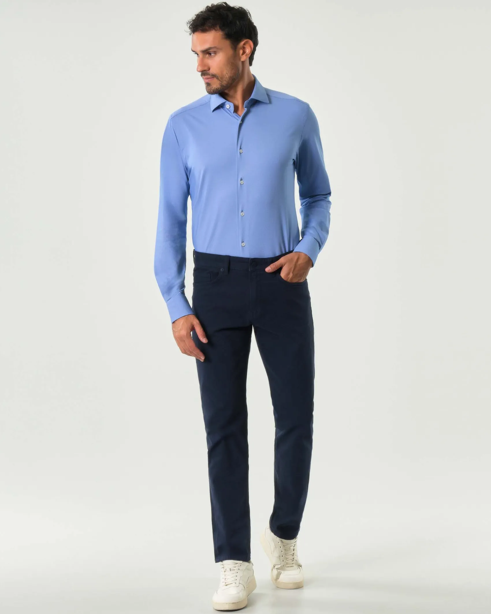 Pantalone Boss cinque tasche Delaware blu in gabardina di cotone stretch