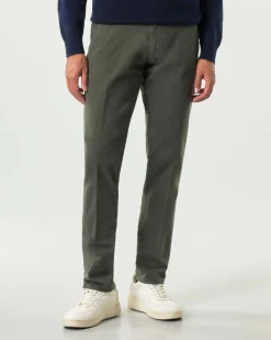 Pantalone chino New Rolf Roy Roger's verde militare slim-fit in gabardina di cotone stretch