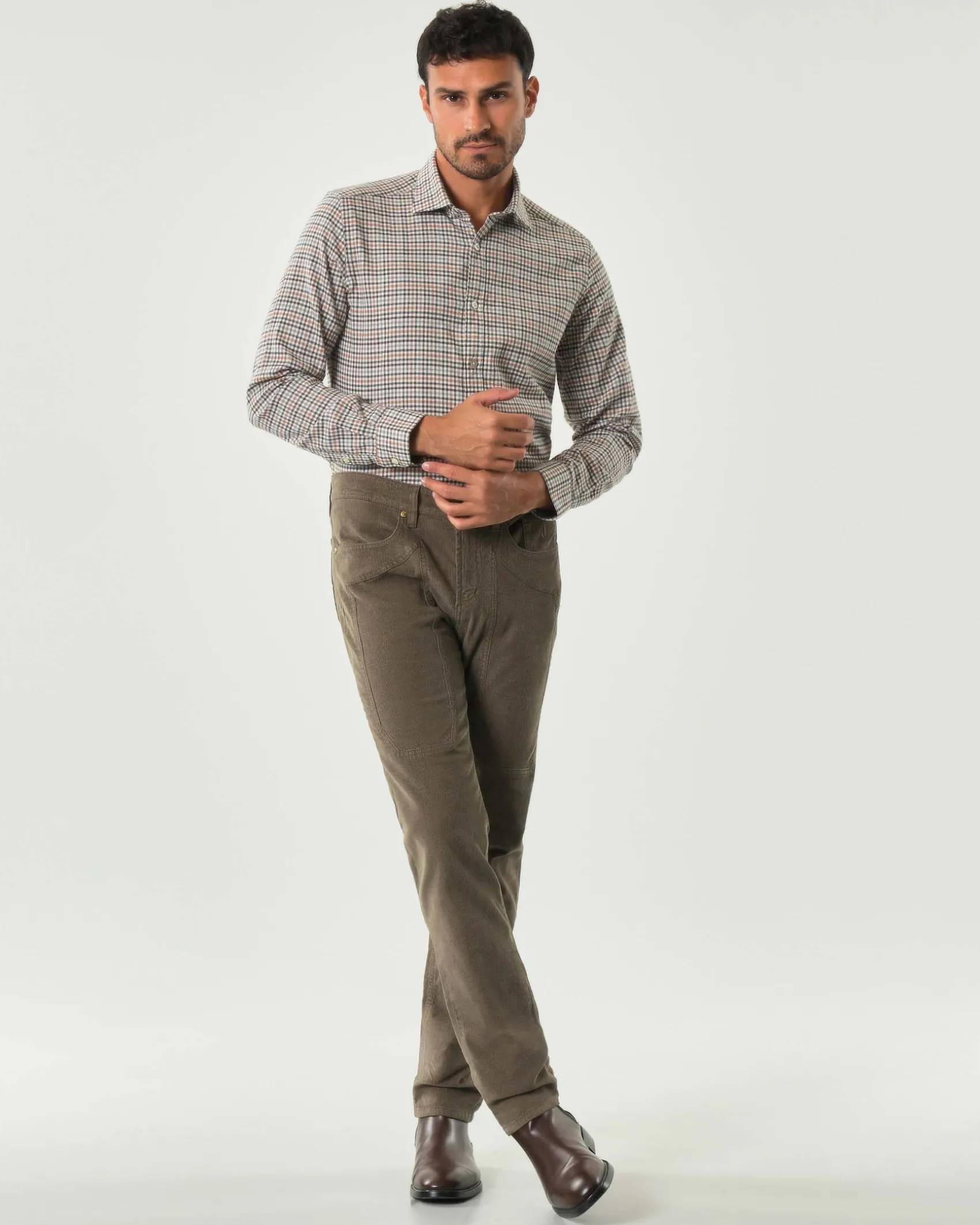 Pantalone cinque tasche John slim-fit marrone in velluto di cotone stretch