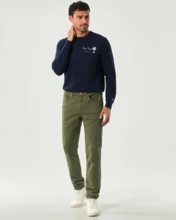 Pantalone cinque tasche Jeckerson verde militare modello John in gabardina di cotone stretch con toppa
