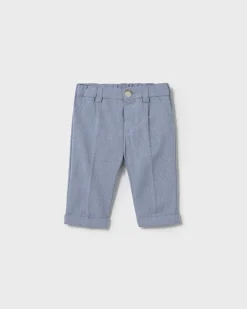Pantalone color avio in misto cotone e lino a gamba dritta