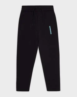 Pantalone Emporio Armani nero in felpa di cotone con coulisse e logo gommato azzurro