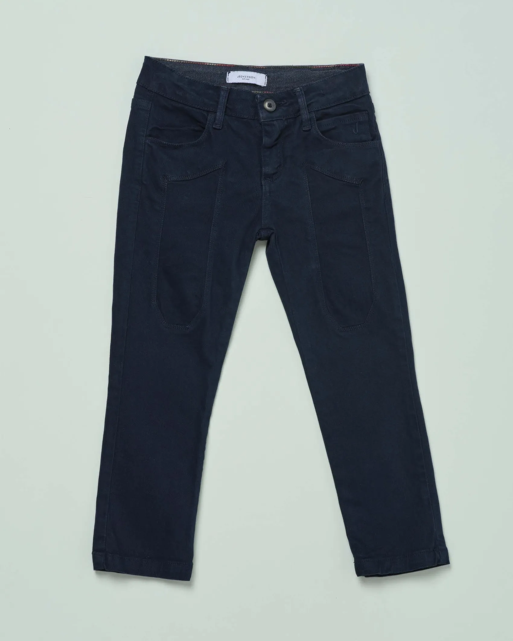 Pantalone Jeckerson blu in gabardina di cotone stretch con toppe iconiche