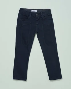 Pantalone Jeckerson blu in gabardina di cotone stretch con toppe iconiche