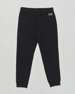 Pantalone jogger EA7 nero in cotone stretch con logo monocrom color oro