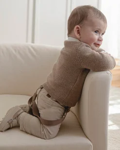 Pantalone Mayoral beige in cotone stretch con bretelle
