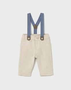 Pantalone Mayoral color sabbia in cotone stretch con bretelle blu