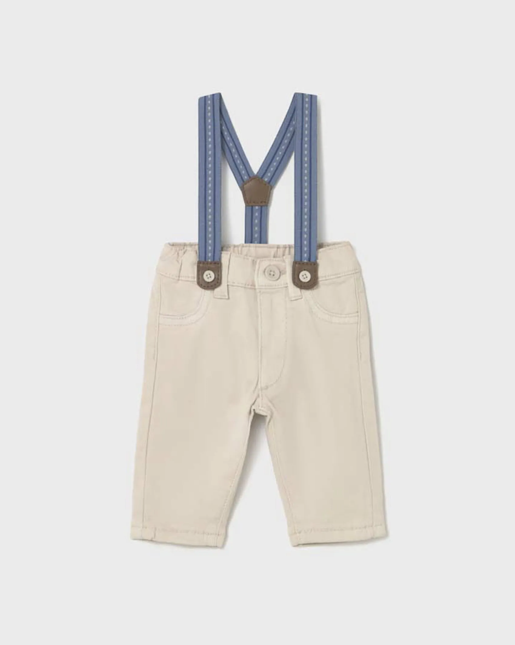 Pantalone Mayoral color sabbia in cotone stretch con bretelle blu