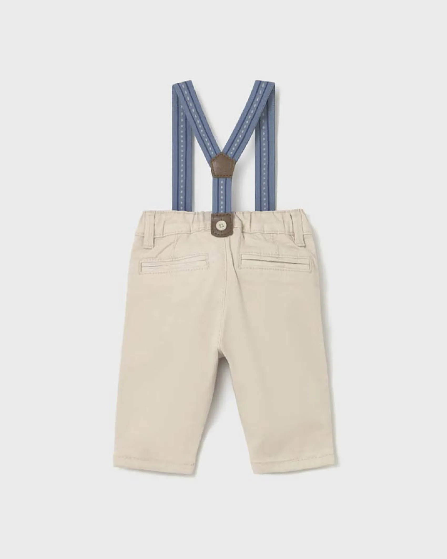 Pantalone Mayoral color sabbia in cotone stretch con bretelle blu