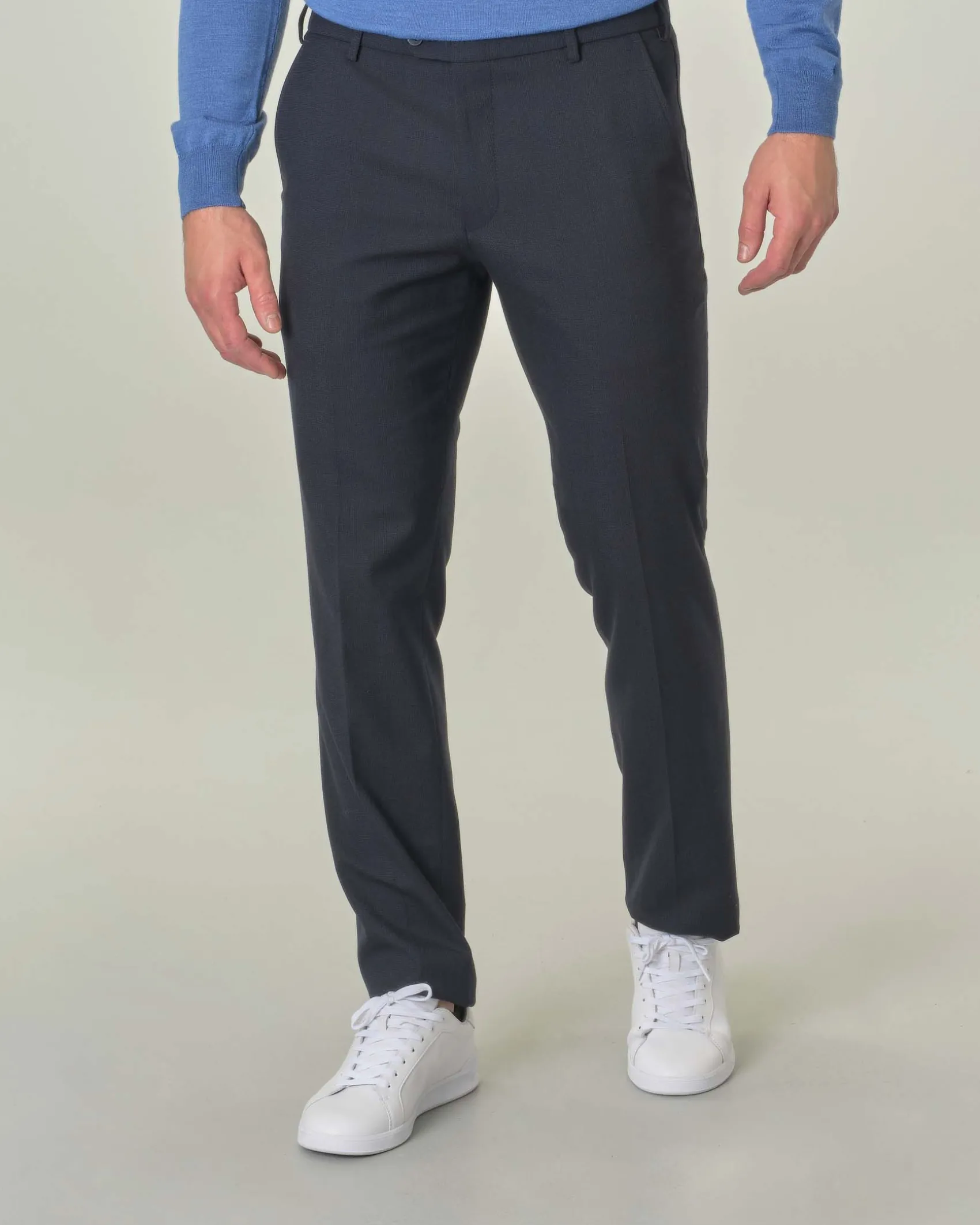 Pantalone Meyer Bonn blu in micro pied de poule di misto cotone e lana stretch a gamba dritta