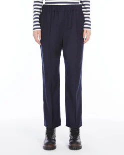 Pantaloni a gamba dritta blu in flanella con tasche applicate con patta sul retro