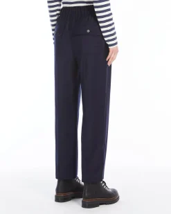 Pantaloni a gamba dritta blu in flanella con tasche applicate con patta sul retro