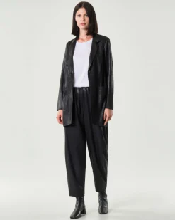 Pantaloni a pallocino neri JurerĂȘ in tessuto spalmato stretch effetto cangiante con elastico inserito in vita