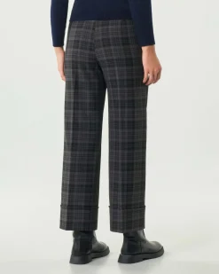 Pantaloni alla caviglia Emme Marella a fantasia check nera e grigia con risvolto al fondo