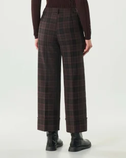 Pantaloni alla caviglia Emme Marella a fantasia check nera e marrone con risvolto al fondo