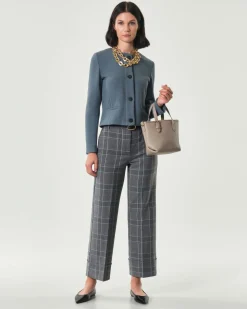 Pantaloni alla caviglia Emme Marella a fantasia check grigio e azzurro con risvolto al fondo